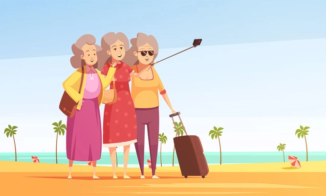 Group of three elderly women with baggage making selfie on south beach background flat vector illustration