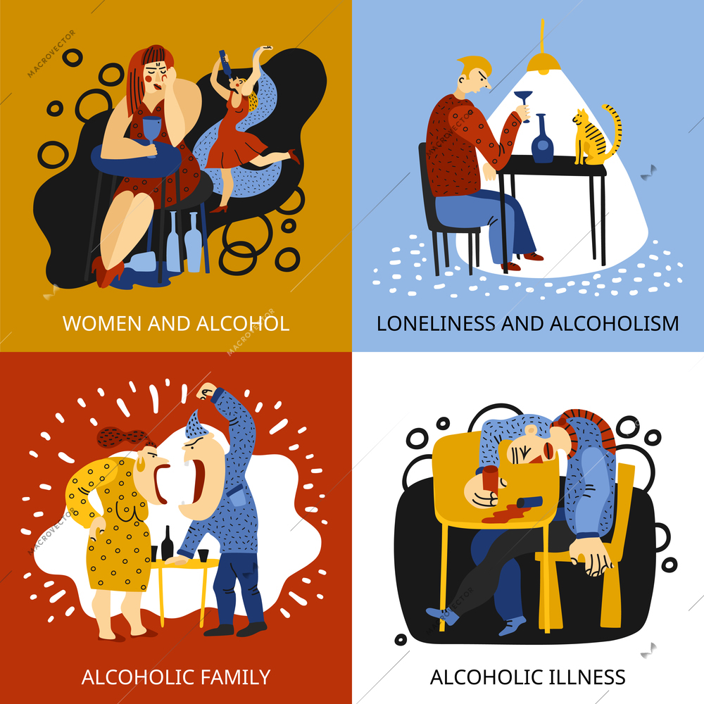 Alcohol addiction concept icons set with family symbols flat isolated vector illustration