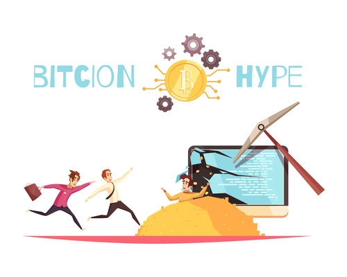 Bitcoin hype design concept with people running to heap of bitcoins dropping out computer screen broken by mining pick flat vector illustration