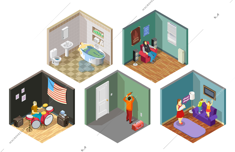 Neighbors relations set of isometric compositions with repair, flooding, spoiled kids, loud music isolated vector illustration