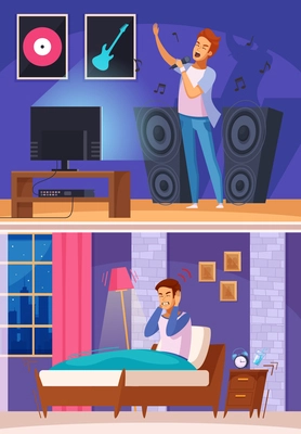 Neighbor during karaoke with loud music and angry sleepless man in bed cartoon composition vector illustration