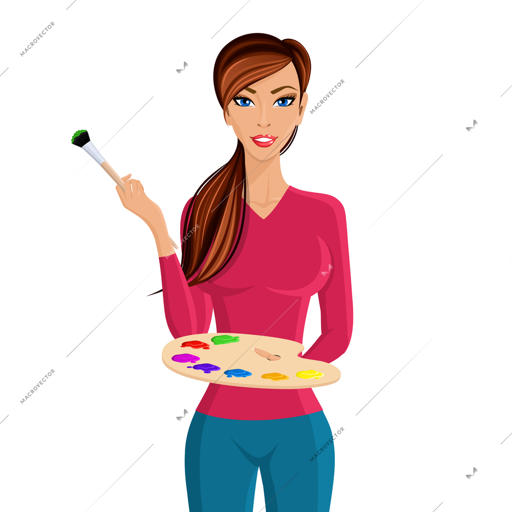 Young woman painter with color palette and paintbrush portrait isolated on white background vector illustration