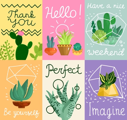 Succulent cards set with greetings symbols flat isolated vector illustration