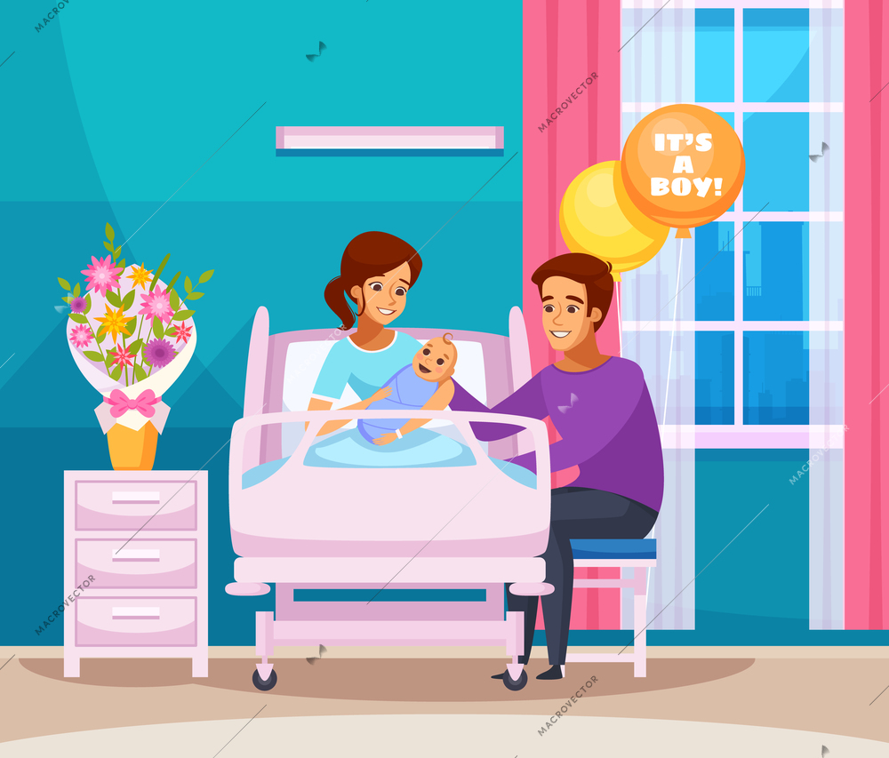 Childbirth cartoon composition with happy family with newborn boy in chamber of maternity hospital vector illustration