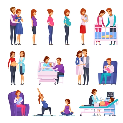 Set of cartoon icons with gymnastics during pregnancy, medical examination, childbirth, newborn, happy family isolated vector illustration