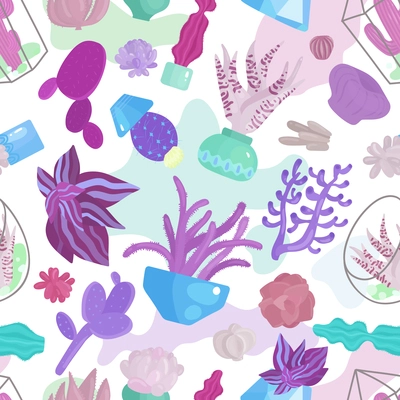 Succulents seamless pattern with different plants symbols flat vector illustration