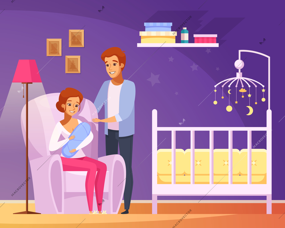 Breastfeeding cartoon composition with woman sitting in armchair and feeding newborn in home interior vector illustration