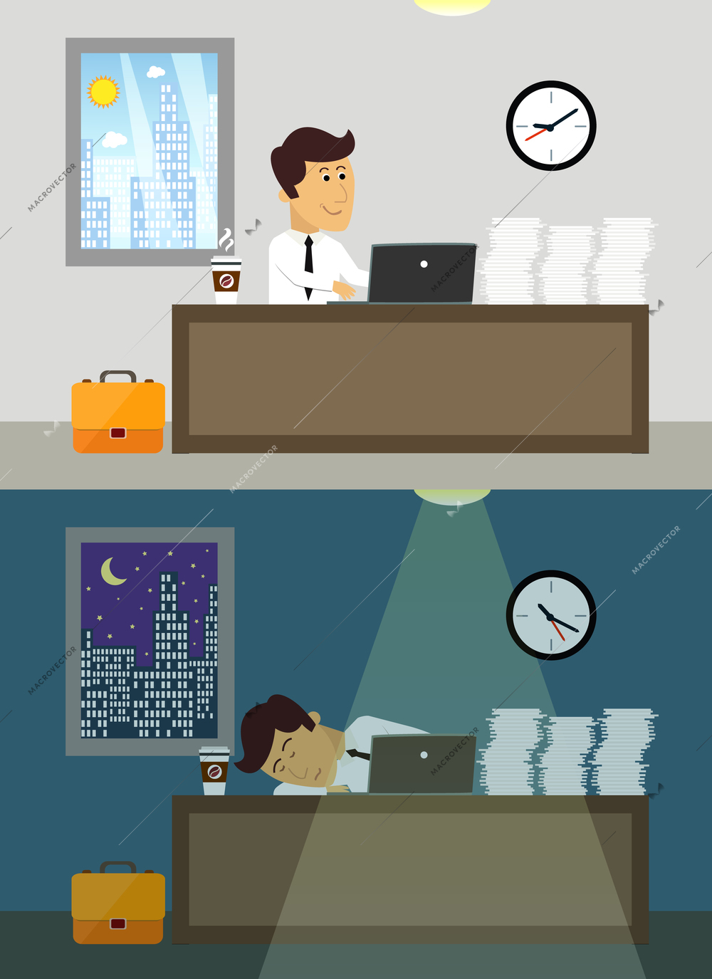 Business life workaholic worker in office day and night scene vector illustration