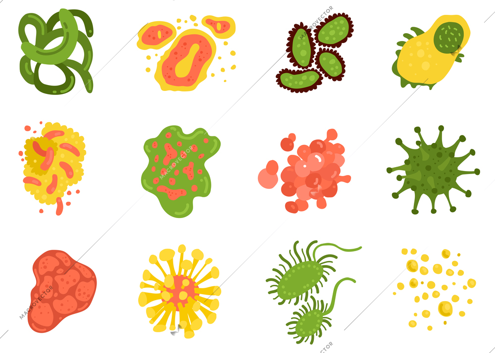 Viruses and bacteria set with science symbols flat isolated vector illustration