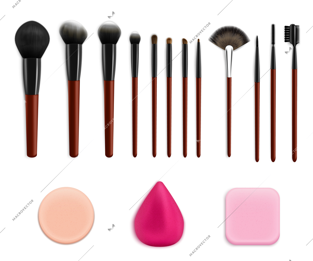 Makeup brushes sponges realistic collection with isolated colourful images of sponges and various applicator brushes vector illustration