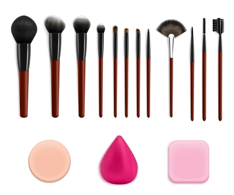 Makeup brushes sponges realistic collection with isolated colourful images of sponges and various applicator brushes vector illustration