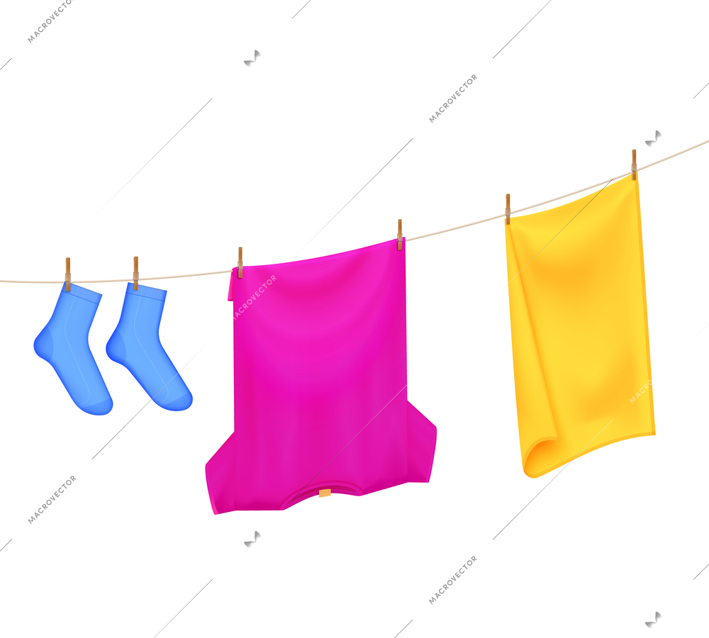 Washed laundry color realistic composition with images of t-shirt towel and socks hanging on clothesline vector illustration