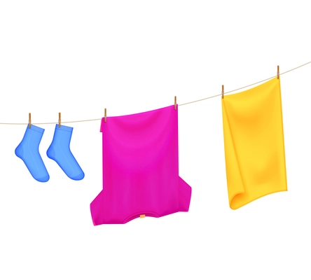 Washed laundry color realistic composition with images of t-shirt towel and socks hanging on clothesline vector illustration