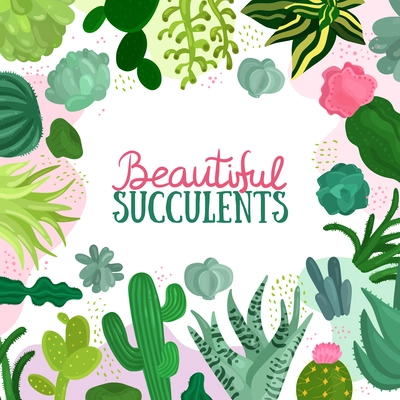 Succulents decorative frame with different types of cactuses flat vector illustration