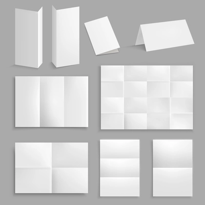 Folded paper realistic set with clear white unfolded paper of different sheet and section size vector illustration