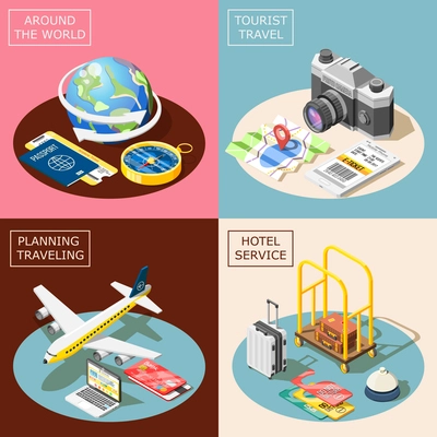 Travel 2x2 design concept with planning traveling hotel service world tour and tourism square icons  isometric vector illustration