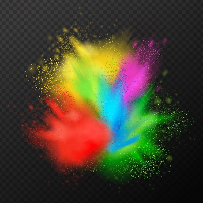 Holi paint explosion realistic composition with festive splashes of colourful paint with fine droplets on transparent background vector illustration