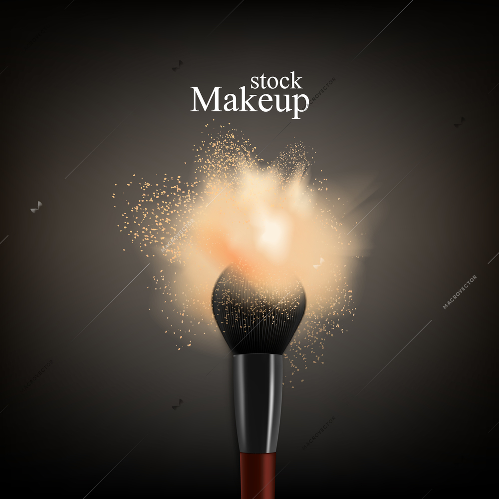 Makeup brush powder realistic background with text and brush with colourful splash of loose powder for face vector illustration