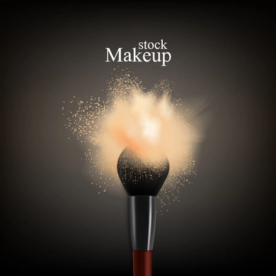 Makeup brush powder realistic background with text and brush with colourful splash of loose powder for face vector illustration