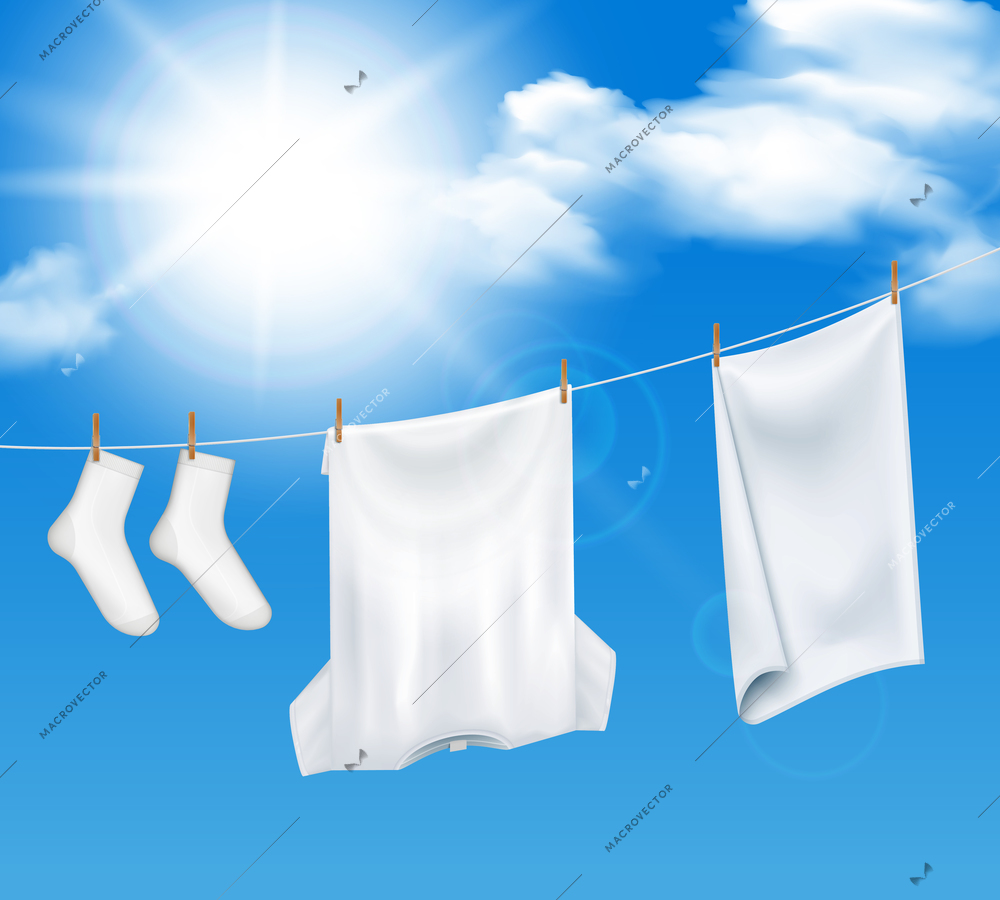 Washed laundry sky background realistic composition of clear heaven and white clothes drying in the sun vector illustration