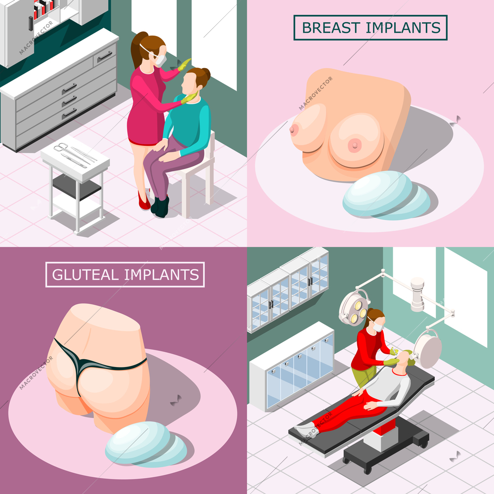 Plastic surgery 2x2 design concept with breast and gluteal implants and doctors doing facial injections and cosmetic procedures isometric vector illustration