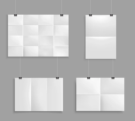 Folded paper mockup realistic set with images of unfolded map paper of different size on grey wall vector illustration