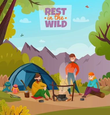 Camping people illustration with three human characters having outdoor rest break in the wild environment vector illustration