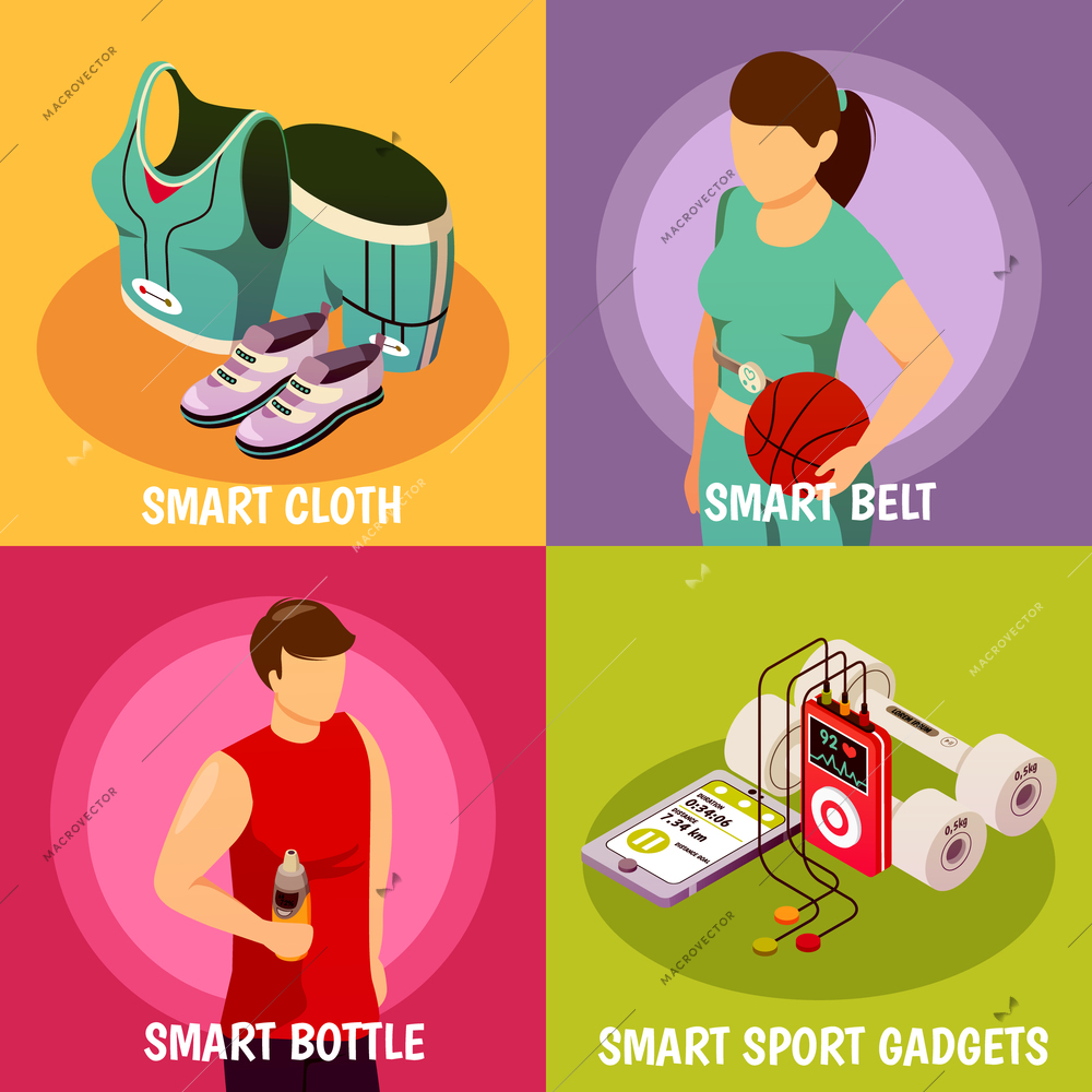 Wearable smart sport gadgets accessories clothes 4 isometric icons concept square with belt and bottle isolated vector illustration