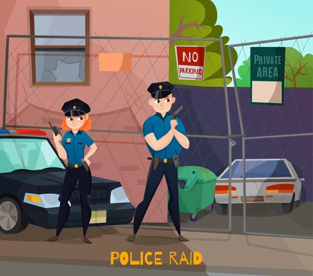 Police profession composition of cartoon urban scenery and two human characters of police workers in uniform vector illustration