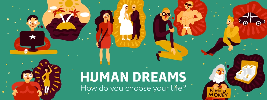 Human dreams including travel, marriage, buying car, money, sports figure, green background, header vector illustration