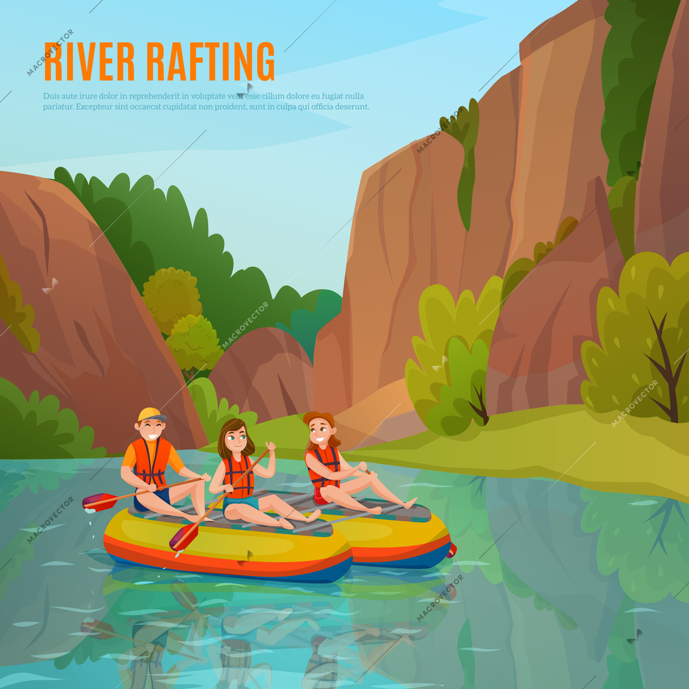 River rafting people composition with cartoon style human characters and mountain river landscape with editable text vector illustration
