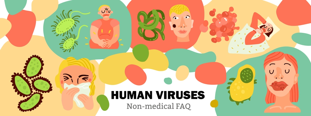 Human viruses, body infections, ill persons during influenza, digestive disease, skin rashes, hand drawn vector illustration