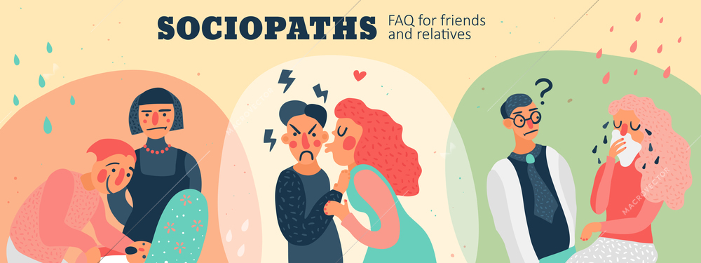 Behavior of sociopaths in different situations faq for friends and relatives, hand drawn header, vector illustration