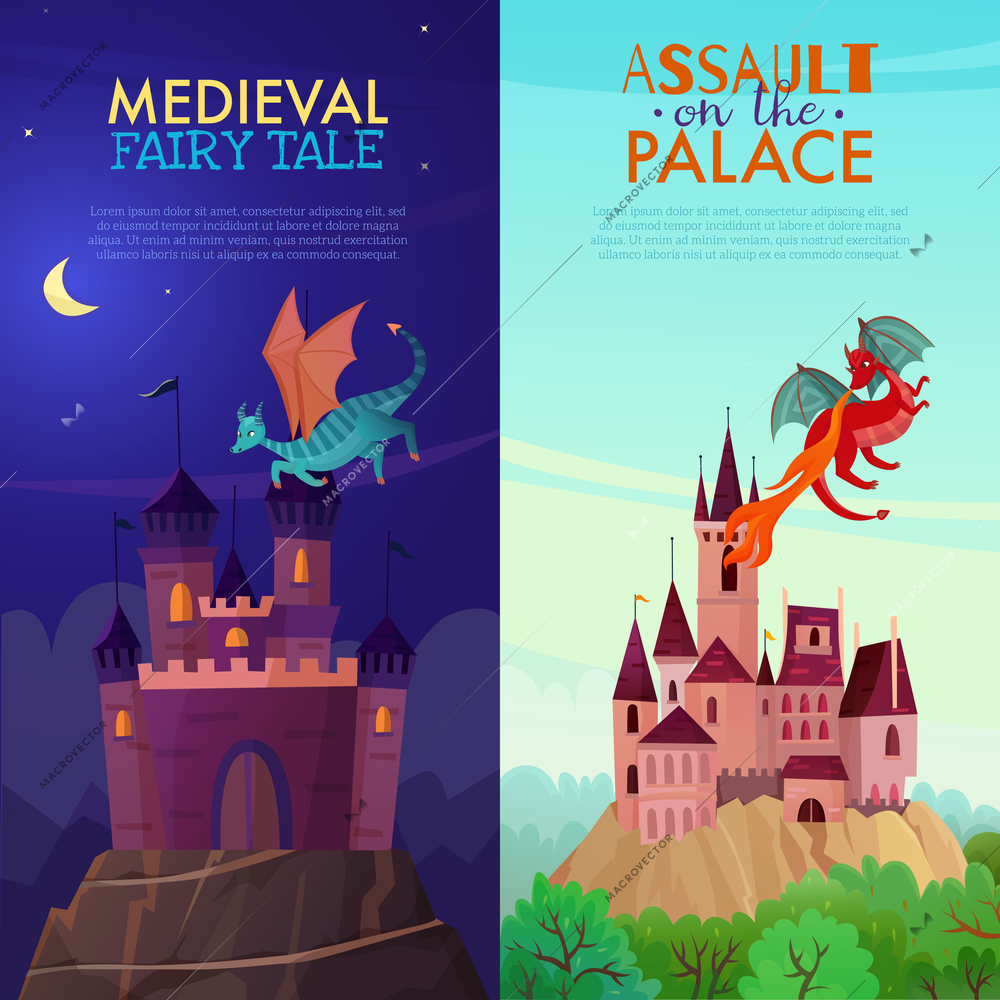 Set of two vertical fairy dragons banners with cartoon style images of mysterious castle with text vector illustration