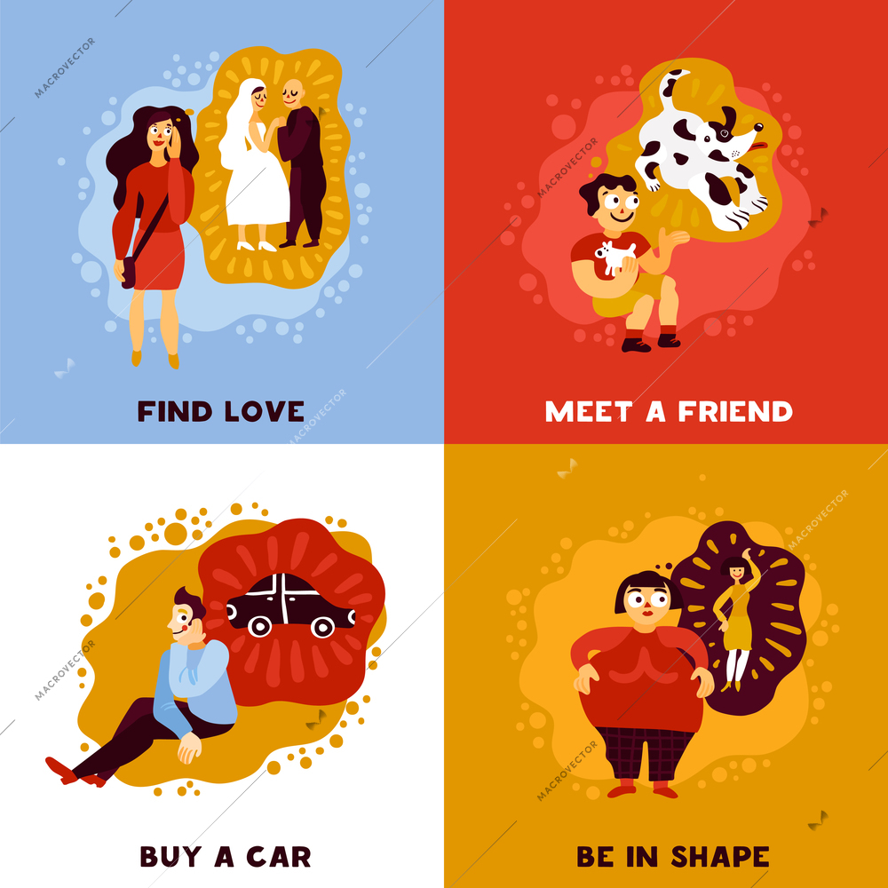 Human dreams design concept with personal wishes including meet friend, find love, buy car isolated vector illustration