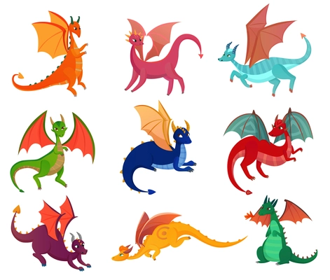 Fairy dragons set of flat isolated images of colourful wyverns with horning on blank background vector illustration