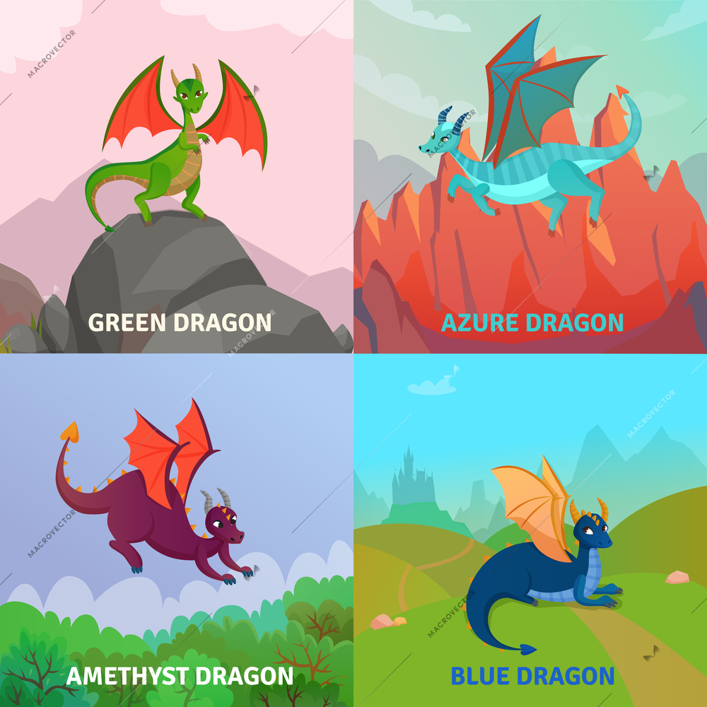 Fairy dragons concept set of four compositions with native outdoor landscape and cartoon style dragon images vector illustration