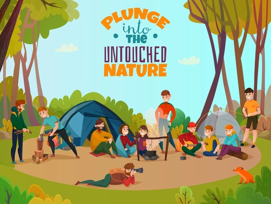 Camping people poster doodle style composition with group of human characters hanging out in the forest vector illustration