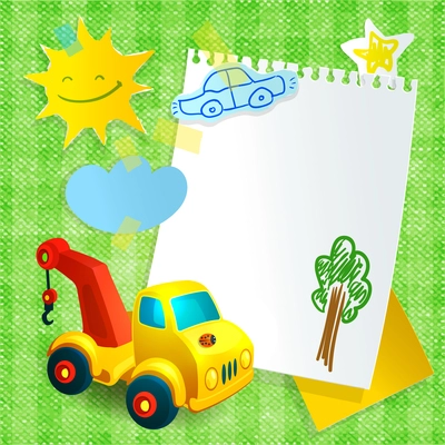 Toy construction machine postcard template with car and smiling sun stickers vector illustration