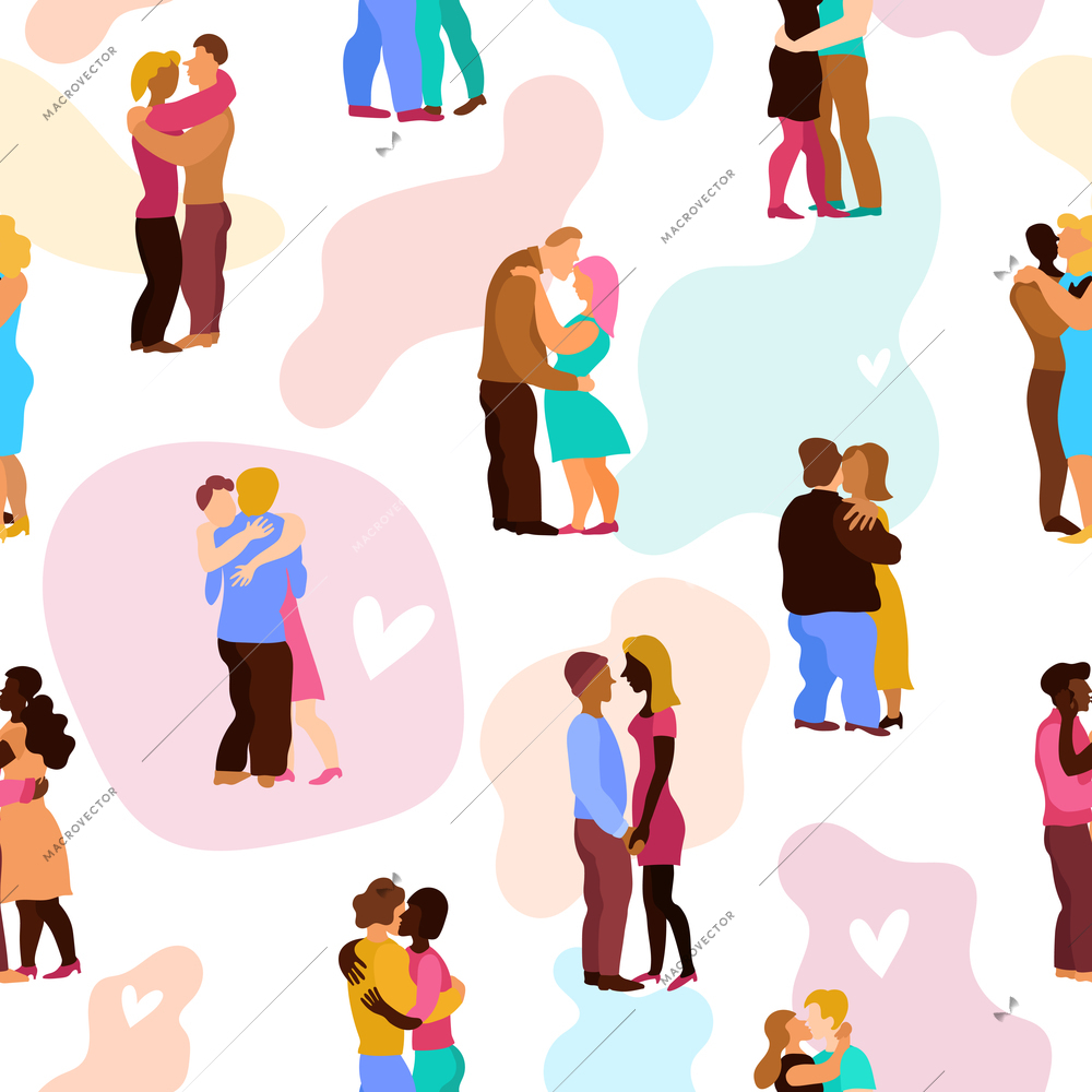 Love hugs seamless pattern with persons during embraces on white background with pastel stains vector illustration