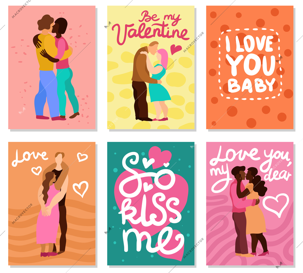 Love hugs vertical cards with handwritten phrases, couples during embraces on color background isolated vector illustration