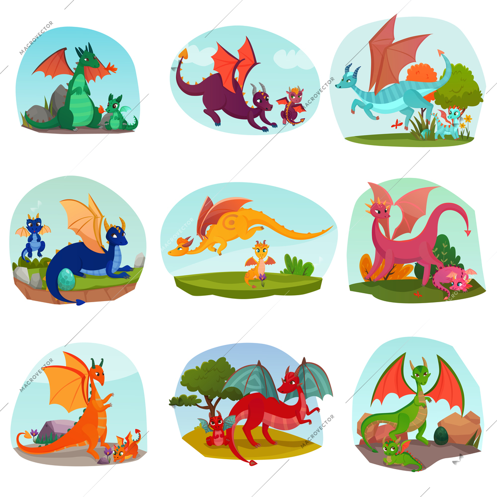 Fairy dragons kids set of isolated compositions with parent dragons and kids with wings and horns vector illustration