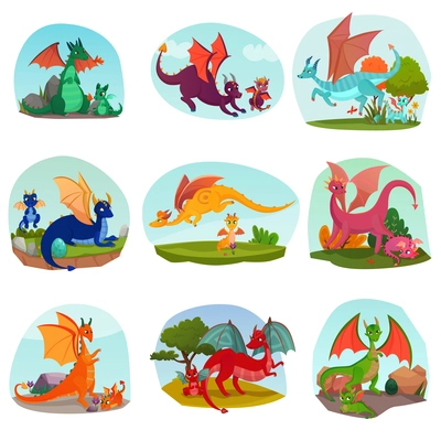 Fairy dragons kids set of isolated compositions with parent dragons and kids with wings and horns vector illustration