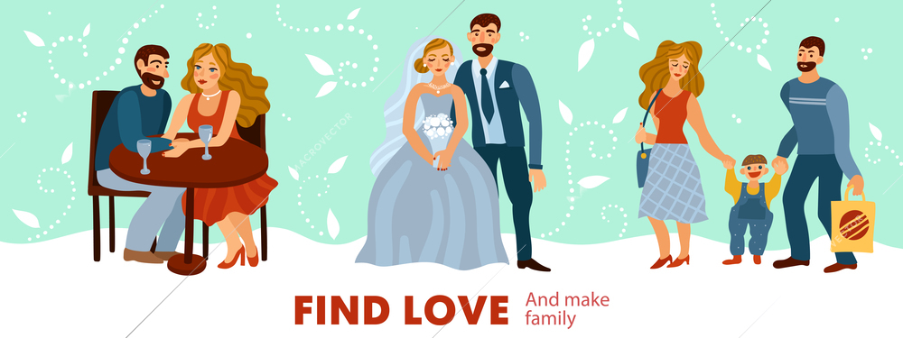 Developing love relations from romantic dating to making of family with child on pastel background vector illustration