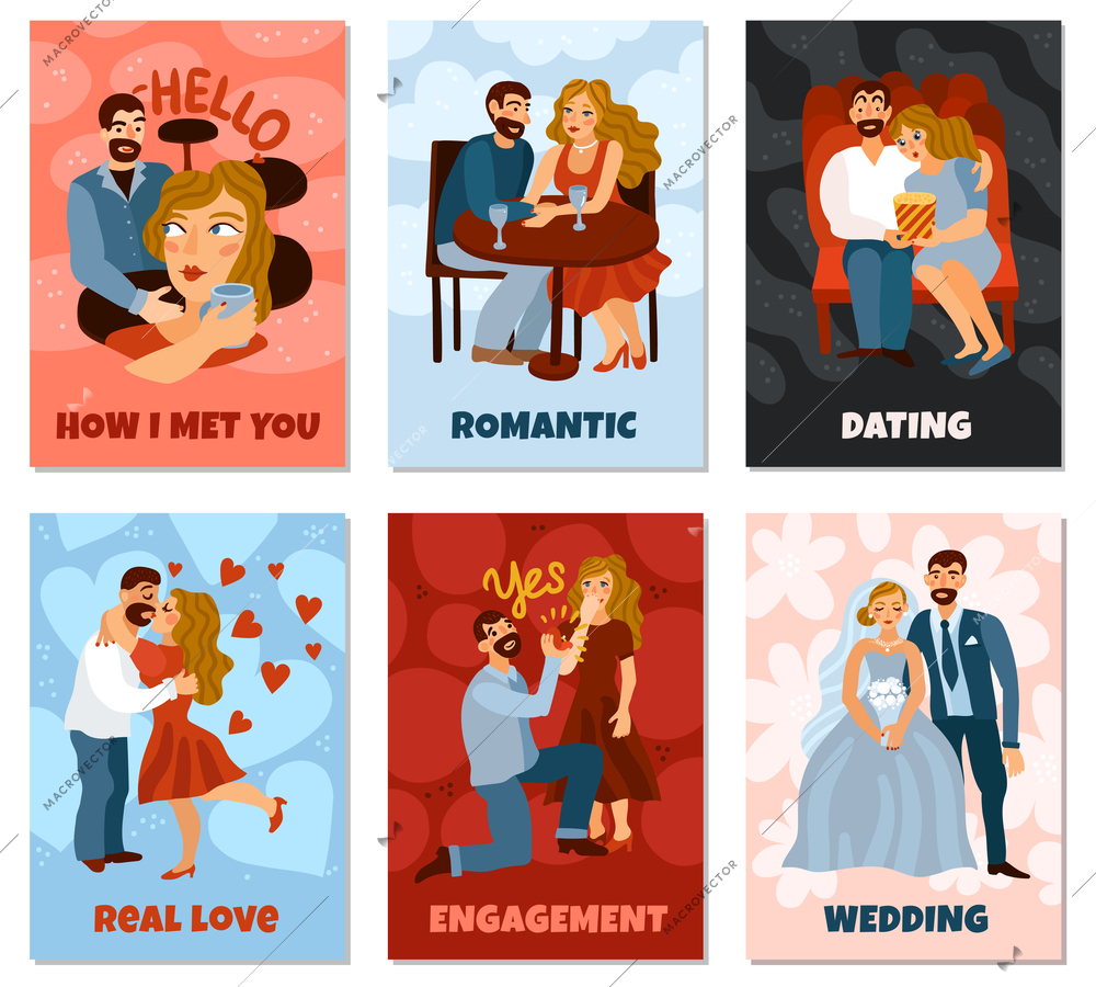 Developing love relations set of vertical cards with first meeting, romantic datings, engagement, wedding isolated vector illustration