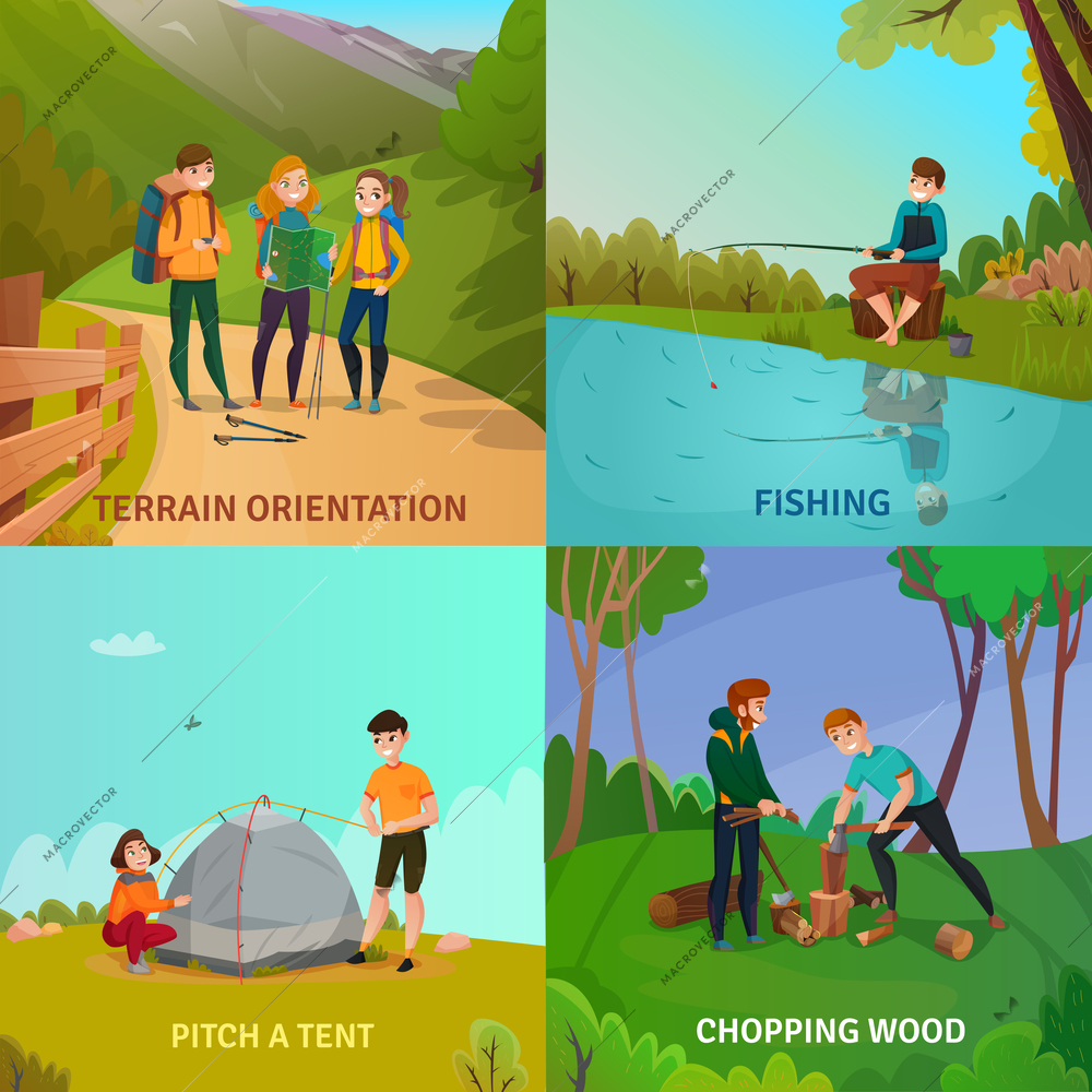 Camping people concept set of four square compositions with people during adventure activities with cartoon scenery vector illustration