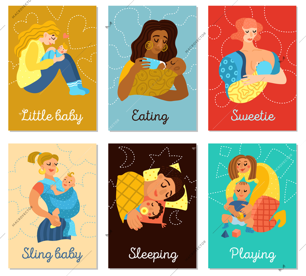 Motherhood set of vertical cards with women and little babies during playing, eating, sleeping, isolated vector illustration