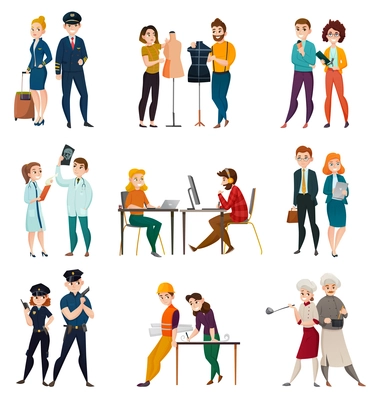 Different professions set of isolated doodle style human characters representing different profession in appropriate uniform vector illustration