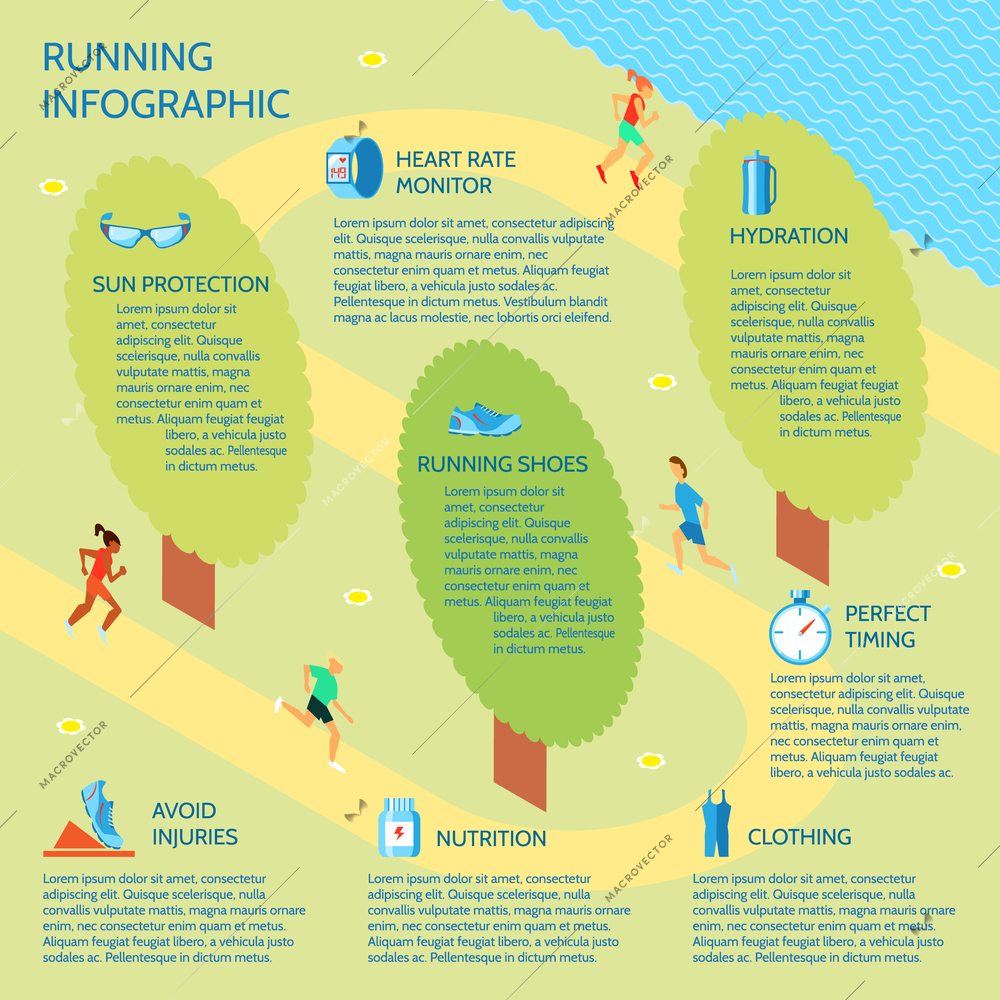 Running jogging in park sport infographic with nutrition protection clothing elements vector illustration