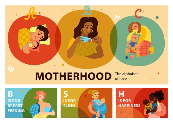 Motherhood set of horizontal banners including women with babies during feeding, sleeping, playing isolated vector illustration